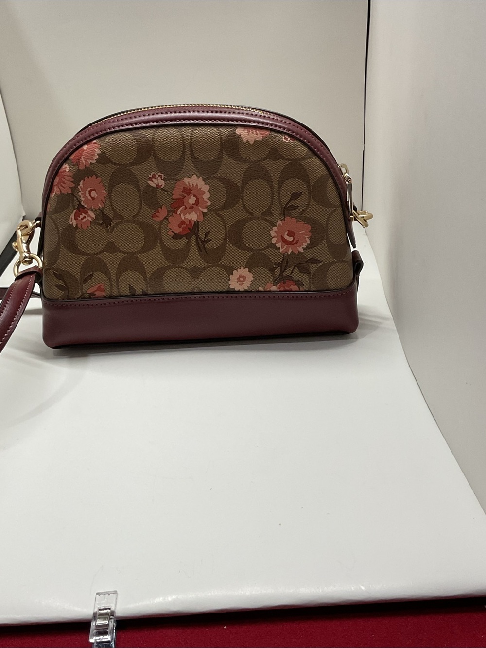 Coach Brown Floral Signature Dome Crossbody with Burgundy Trim - Picture 3 of 3